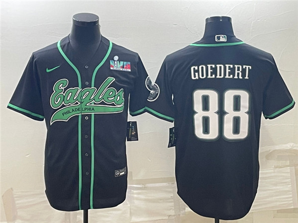 Men's Philadelphia Eagles #88 Dallas Goedert Black With Super Bowl LVII Patch Cool Base Stitched Baseball Jersey